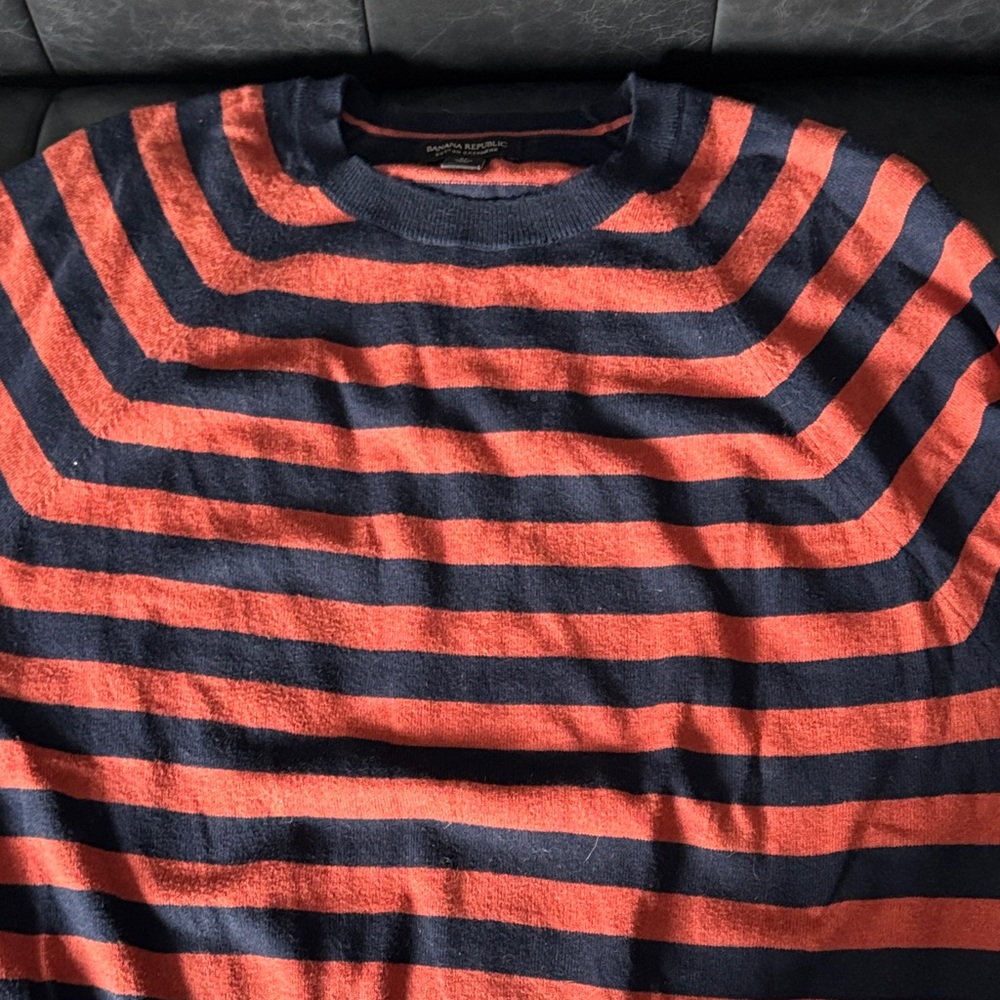 Banana Republic Navy and Orange Striped Crewneck Sweater